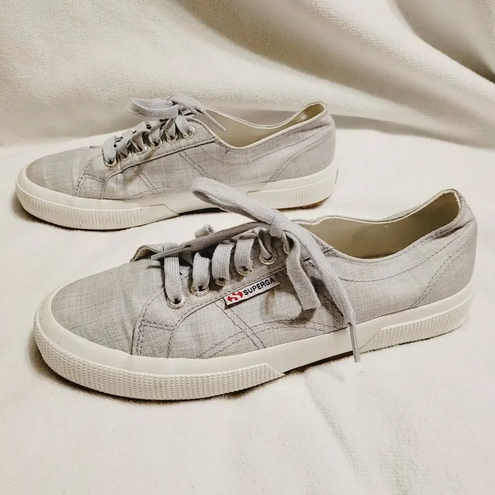 Superga grey linen lace up low top sneakers Size 39.5 womens Minimal Coastal